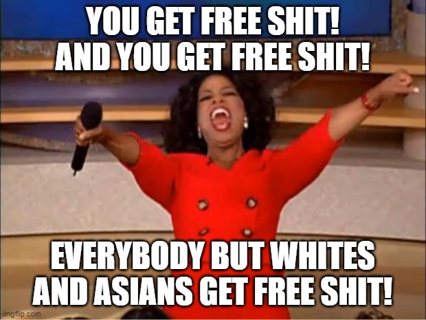 This is what equity looks like. | YOU GET FREE SHIT! AND YOU GET FREE SHIT! EVERYBODY BUT WHITES AND ASIANS GET FREE SHIT! | image tagged in memes,oprah you get a | made w/ Imgflip meme maker