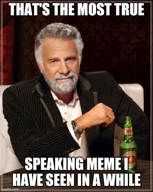 The Most Interesting Man In The World Meme | THAT'S THE MOST TRUE SPEAKING MEME I HAVE SEEN IN A WHILE | image tagged in memes,the most interesting man in the world | made w/ Imgflip meme maker