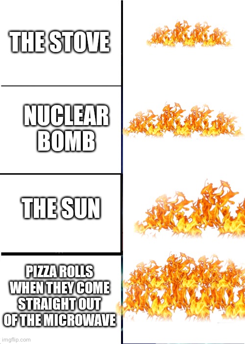 Those things are HOT | THE STOVE; NUCLEAR BOMB; THE SUN; PIZZA ROLLS WHEN THEY COME STRAIGHT OUT OF THE MICROWAVE | image tagged in memes,expanding brain | made w/ Imgflip meme maker