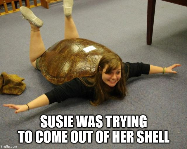 SUSIE WAS TRYING TO COME OUT OF HER SHELL | image tagged in eye roll | made w/ Imgflip meme maker