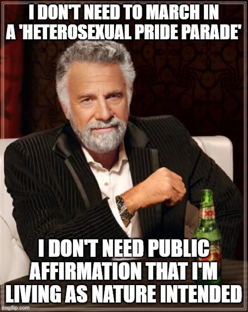 The Most Interesting Man In The World Meme | I DON'T NEED TO MARCH IN A 'HETEROSEXUAL PRIDE PARADE'; I DON'T NEED PUBLIC AFFIRMATION THAT I'M LIVING AS NATURE INTENDED | image tagged in memes,the most interesting man in the world | made w/ Imgflip meme maker