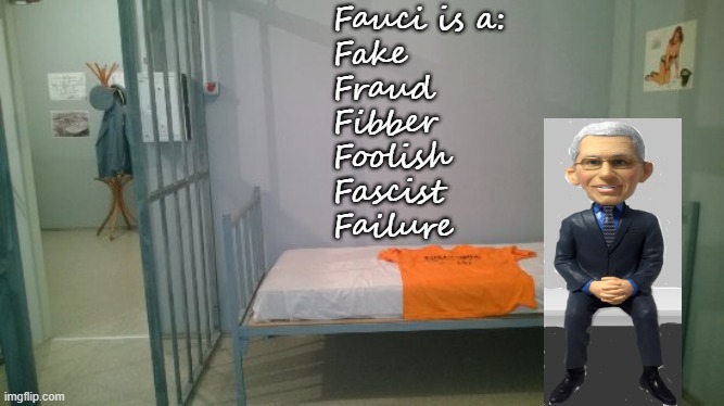 prison cell | Fauci is a:
Fake
Fraud
Fibber
Foolish
Fascist
Failure | image tagged in prison,jail,fauci,fraud,fake,failure | made w/ Imgflip meme maker