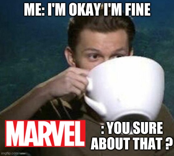 tom holland big teacup | ME: I'M OKAY I'M FINE; : YOU SURE ABOUT THAT ? | image tagged in tom holland big teacup | made w/ Imgflip meme maker