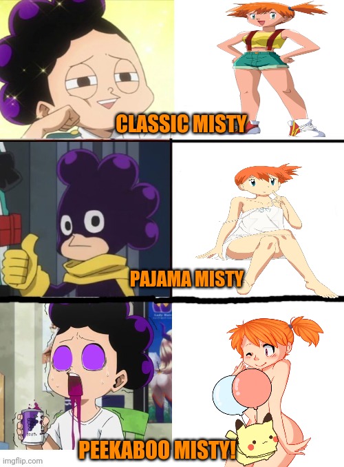 Mineta wants Misty to be a Waifu | CLASSIC MISTY; PAJAMA MISTY; PEEKABOO MISTY! | image tagged in mineta 3 panel,waifu,misty,mineta,mineta joins the fbi | made w/ Imgflip meme maker