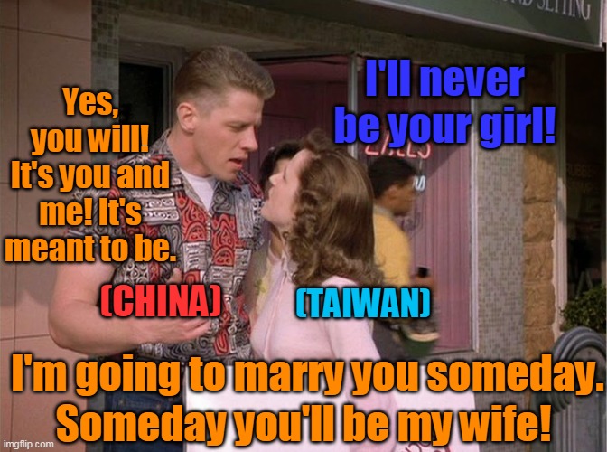 You always did have a way with women. Now make like a tree and get out of here. | Yes, you will! It's you and me! It's meant to be. I'll never be your girl! (TAIWAN); (CHINA); I'm going to marry you someday. Someday you'll be my wife! | image tagged in taiwan,china,biff,lorraine,funny,back2thefuture | made w/ Imgflip meme maker