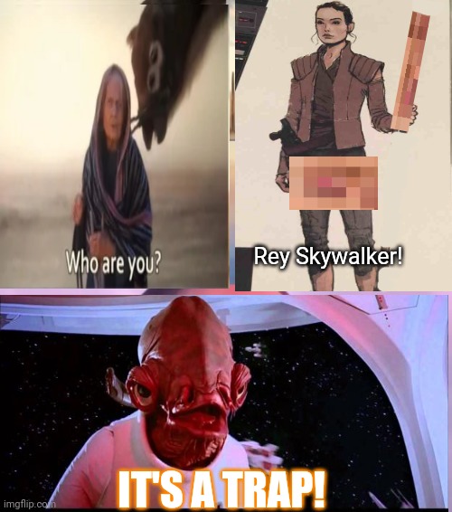 WTF happened here? | Rey Skywalker! IT'S A TRAP! | image tagged in star wars,rey who,skywalker,unnecessary,censorship,but why why would you do that | made w/ Imgflip meme maker