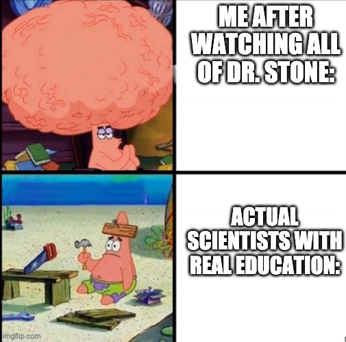 patrick big brain | ME AFTER WATCHING ALL OF DR. STONE:; ACTUAL SCIENTISTS WITH REAL EDUCATION: | image tagged in patrick big brain | made w/ Imgflip meme maker