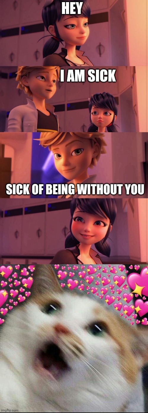 Meme for my friend who love ladybug | HEY; I AM SICK; SICK OF BEING WITHOUT YOU | image tagged in gf and bf | made w/ Imgflip meme maker