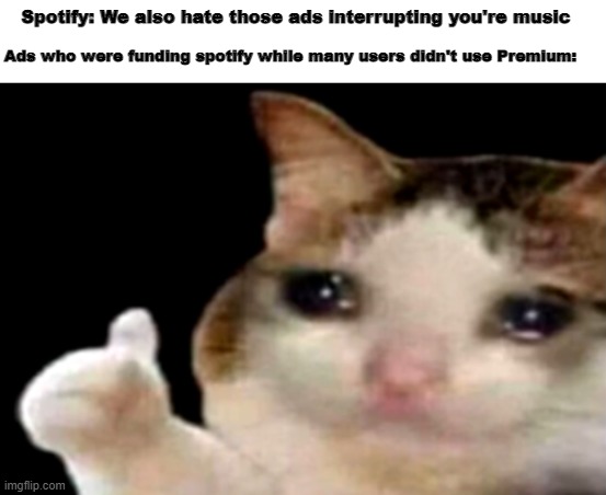 I don't have no mony | Spotify: We also hate those ads interrupting you're music; Ads who were funding spotify while many users didn't use Premium: | image tagged in sad cat thumbs up | made w/ Imgflip meme maker