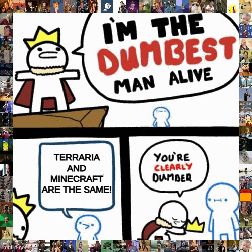 I'm the dumbest man alive | TERRARIA AND MINECRAFT ARE THE SAME! | image tagged in i'm the dumbest man alive | made w/ Imgflip meme maker