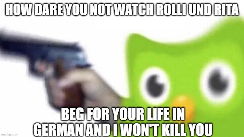 duolingo gun | HOW DARE YOU NOT WATCH ROLLI UND RITA; BEG FOR YOUR LIFE IN GERMAN AND I WON'T KILL YOU | image tagged in duolingo gun,rolli und rita | made w/ Imgflip meme maker