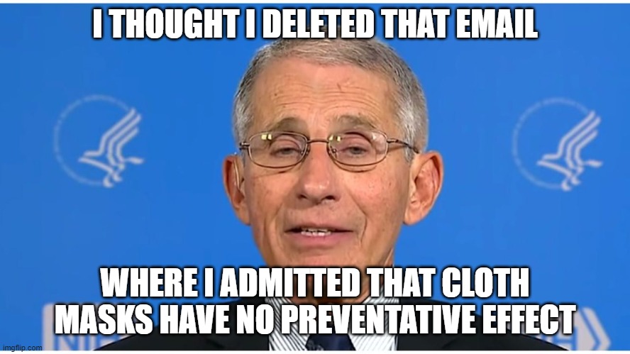 Dr Fauci | I THOUGHT I DELETED THAT EMAIL WHERE I ADMITTED THAT CLOTH MASKS HAVE NO PREVENTATIVE EFFECT | image tagged in dr fauci | made w/ Imgflip meme maker