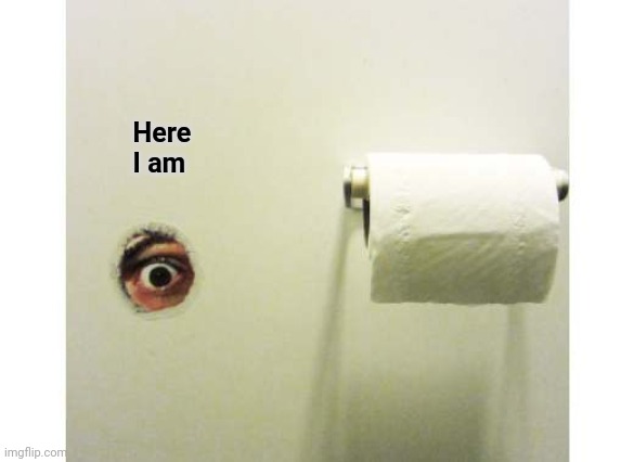 Bathroom Peeping Tom | Here
                I am | image tagged in bathroom peeping tom | made w/ Imgflip meme maker