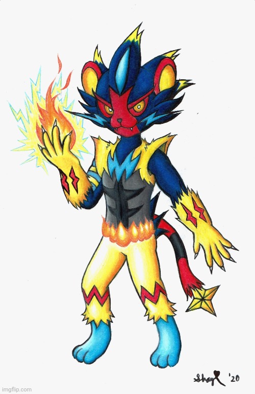 Zeraora/Luxray/Incineroar fusion -Not mine- | image tagged in pokemon fusion,litten,shinx,zeraora,luxray,art | made w/ Imgflip meme maker