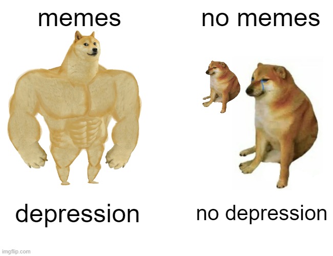 Sounds about right... | memes; no memes; depression; no depression | image tagged in memes,buff doge vs cheems | made w/ Imgflip meme maker