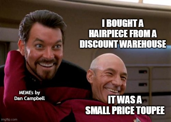 Picard and Riker 2 | I BOUGHT A HAIRPIECE FROM A DISCOUNT WAREHOUSE; MEMEs by Dan Campbell; IT WAS A SMALL PRICE TOUPEE | image tagged in picard and riker 2 | made w/ Imgflip meme maker