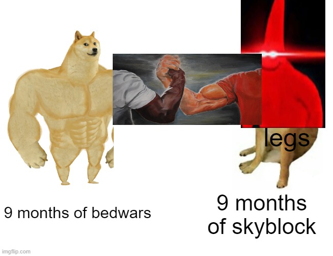 this is a hard meme to make | legs; 9 months of bedwars; 9 months of skyblock | image tagged in memes,buff doge vs cheems | made w/ Imgflip meme maker