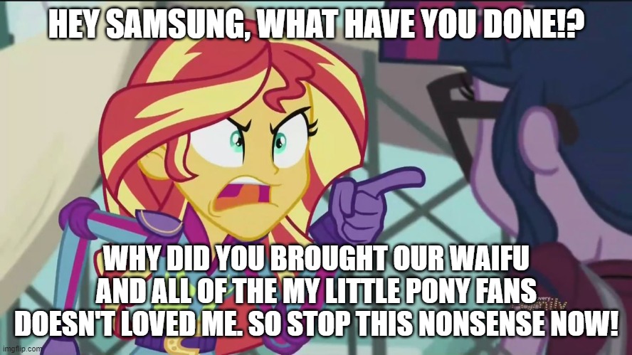 Sunset gets mad about Sam | HEY SAMSUNG, WHAT HAVE YOU DONE!? WHY DID YOU BROUGHT OUR WAIFU AND ALL OF THE MY LITTLE PONY FANS DOESN'T LOVED ME. SO STOP THIS NONSENSE NOW! | image tagged in sunset shimmer angry,samsung,equestria girls | made w/ Imgflip meme maker