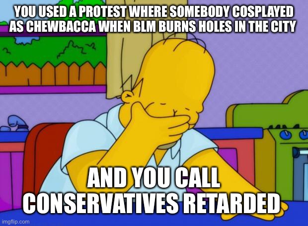 smh homer | YOU USED A PROTEST WHERE SOMEBODY COSPLAYED AS CHEWBACCA WHEN BLM BURNS HOLES IN THE CITY AND YOU CALL CONSERVATIVES RETARDED | image tagged in smh homer | made w/ Imgflip meme maker