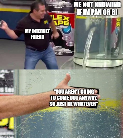 yes this is a call for help | ME NOT KNOWING IF IM PAN OR BI; MY INTERNET FRIEND; "YOU AREN'T GOING TO COME OUT ANYWAY, SO JUST BE WHATEVER" | image tagged in flex tape,lgbtq,friends,advice | made w/ Imgflip meme maker