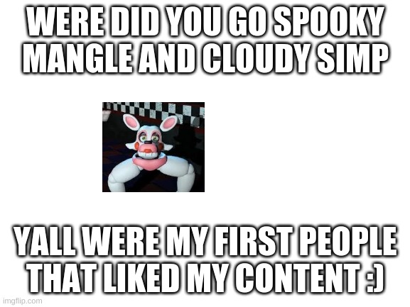 were did you goooooooo | WERE DID YOU GO SPOOKY MANGLE AND CLOUDY SIMP; YALL WERE MY FIRST PEOPLE THAT LIKED MY CONTENT :) | image tagged in blank white template,fnaf hype everywhere | made w/ Imgflip meme maker