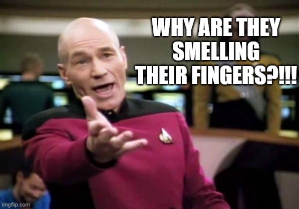 Picard Wtf Meme | WHY ARE THEY SMELLING THEIR FINGERS?!!! | image tagged in memes,picard wtf | made w/ Imgflip meme maker