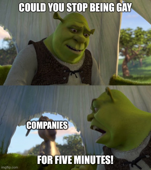 Stop Being Gay | COULD YOU STOP BEING GAY; COMPANIES; FOR FIVE MINUTES! | image tagged in ha gay,why are you gay,shrek for five minutes,funny memes,straight | made w/ Imgflip meme maker