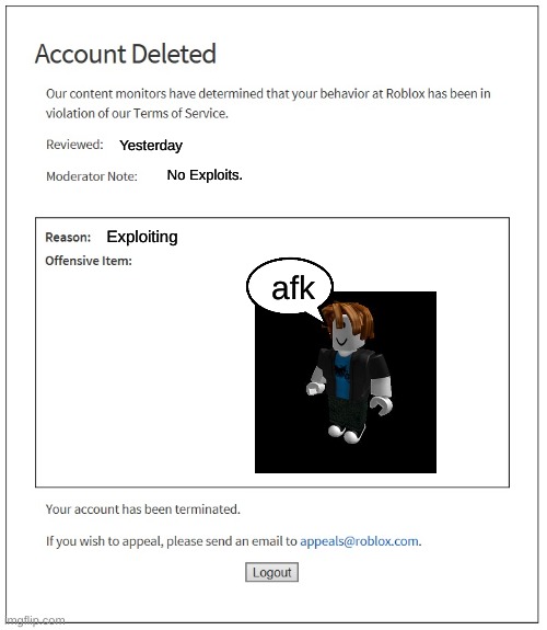 When U Get Banned From Roblox For A Dumb Reason Imgflip - roblox u