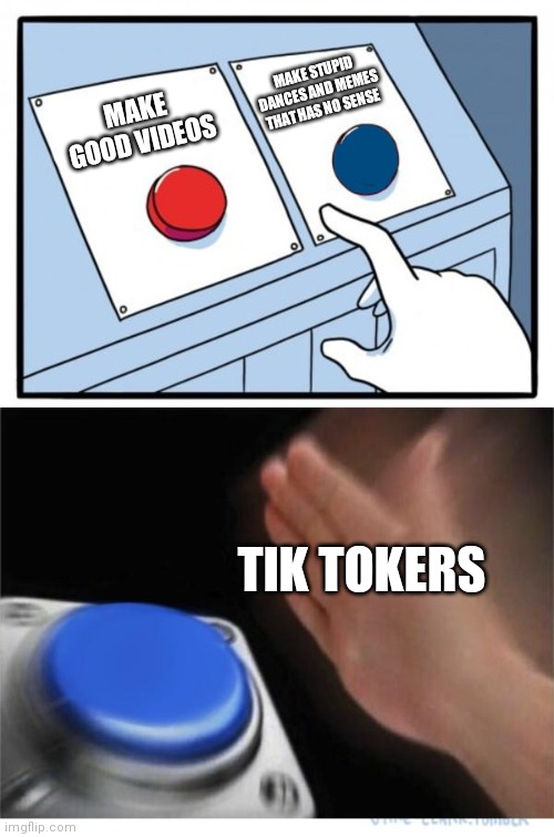 two buttons 1 blue | MAKE STUPID DANCES AND MEMES THAT HAS NO SENSE; MAKE GOOD VIDEOS; TIK TOKERS | image tagged in two buttons 1 blue | made w/ Imgflip meme maker