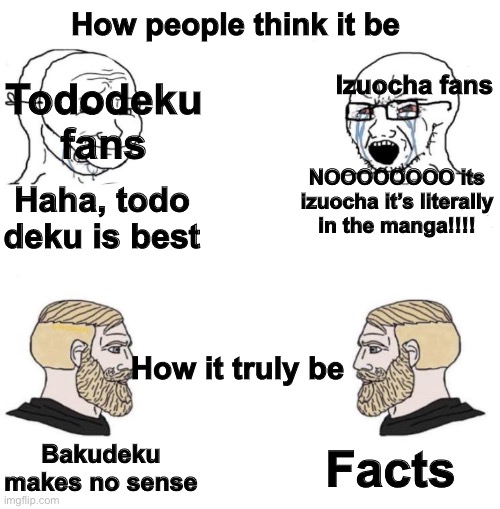 this is truth, no big suprise | How people think it be; Izuocha fans; Tododeku fans; NOOOOOOOO its izuocha it’s literally in the manga!!!! Haha, todo deku is best; How it truly be; Facts; Bakudeku makes no sense | image tagged in chad we know | made w/ Imgflip meme maker