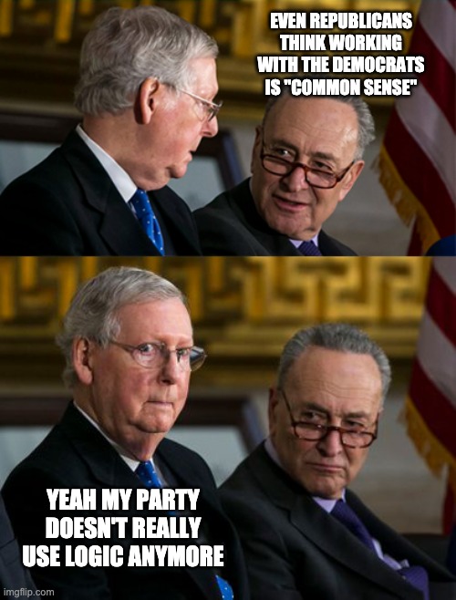 Mitch and Chuck | EVEN REPUBLICANS THINK WORKING WITH THE DEMOCRATS IS "COMMON SENSE" YEAH MY PARTY DOESN'T REALLY USE LOGIC ANYMORE | image tagged in mitch and chuck | made w/ Imgflip meme maker