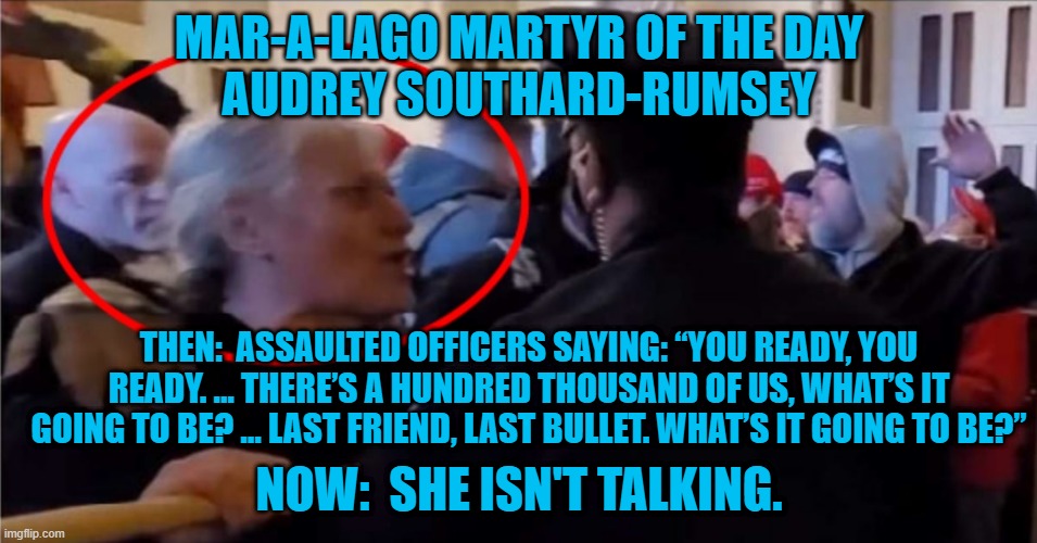 This Vocal Coach has lost her voice. | MAR-A-LAGO MARTYR OF THE DAY
AUDREY SOUTHARD-RUMSEY; THEN:  ASSAULTED OFFICERS SAYING: “YOU READY, YOU READY. ... THERE’S A HUNDRED THOUSAND OF US, WHAT’S IT GOING TO BE? ... LAST FRIEND, LAST BULLET. WHAT’S IT GOING TO BE?”; NOW:  SHE ISN'T TALKING. | image tagged in politics | made w/ Imgflip meme maker