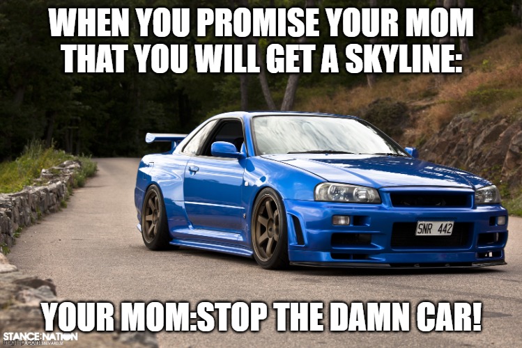 #scared_mom_vs_skyline | WHEN YOU PROMISE YOUR MOM THAT YOU WILL GET A SKYLINE:; YOUR MOM:STOP THE DAMN CAR! | image tagged in nissan r34 | made w/ Imgflip meme maker