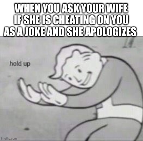 … | WHEN YOU ASK YOUR WIFE IF SHE IS CHEATING ON YOU AS A JOKE AND SHE APOLOGIZES | image tagged in fallout hold up,cheating,wife,memes | made w/ Imgflip meme maker