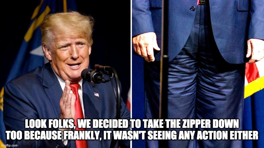 News Flash: Zipper suffers same fate as blog | LOOK FOLKS, WE DECIDED TO TAKE THE ZIPPER DOWN TOO BECAUSE FRANKLY, IT WASN'T SEEING ANY ACTION EITHER | image tagged in donald trump,zipper | made w/ Imgflip meme maker