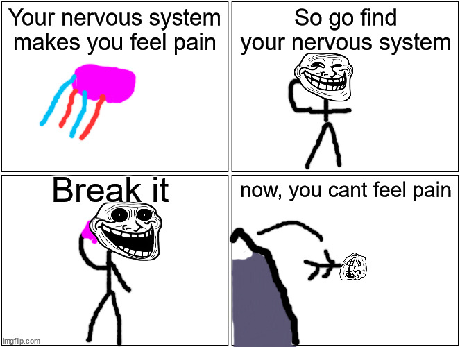 I AM INVINCIBLE!! | Your nervous system makes you feel pain; So go find your nervous system; Break it; now, you cant feel pain | image tagged in memes,blank comic panel 2x2,troll face,yeah this is big brain time | made w/ Imgflip meme maker