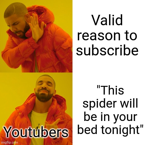 LIKE AND SUBSCRIBE OR YUO WILL DIE JN YOU SLEEP | Valid reason to subscribe; "This spider will be in your bed tonight"; Youtubers | image tagged in memes,drake hotline bling,youtubers | made w/ Imgflip meme maker