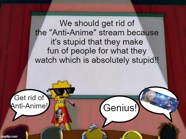 STOP ANTI-ANIME! | image tagged in lisa simpson's presentation,simpsons | made w/ Imgflip meme maker