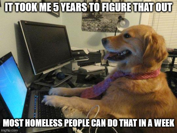 i have no idea | IT TOOK ME 5 YEARS TO FIGURE THAT OUT MOST HOMELESS PEOPLE CAN DO THAT IN A WEEK | image tagged in i have no idea | made w/ Imgflip meme maker
