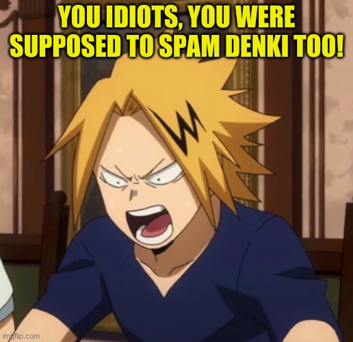 NOW I ANGY | YOU IDIOTS, YOU WERE SUPPOSED TO SPAM DENKI TOO! | image tagged in angy denki | made w/ Imgflip meme maker