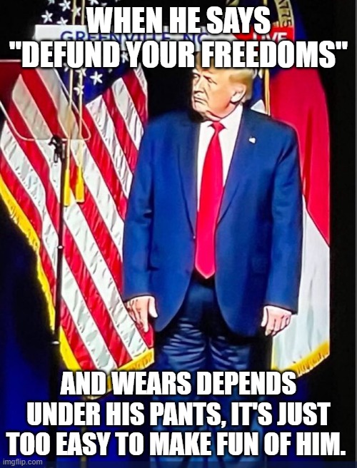 Trump Pants | WHEN HE SAYS "DEFUND YOUR FREEDOMS"; AND WEARS DEPENDS UNDER HIS PANTS, IT'S JUST TOO EASY TO MAKE FUN OF HIM. | image tagged in trump pants | made w/ Imgflip meme maker