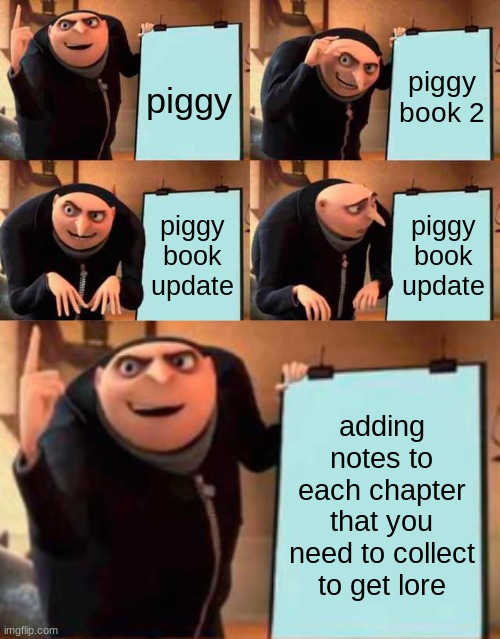 piggy book update | piggy book 2; piggy; piggy book update; piggy book update; adding notes to each chapter that you need to collect to get lore | image tagged in memes,gru's plan | made w/ Imgflip meme maker