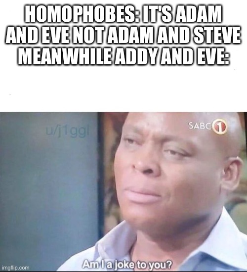 am I a joke to you | HOMOPHOBES: IT'S ADAM AND EVE NOT ADAM AND STEVE
MEANWHILE ADDY AND EVE: | image tagged in am i a joke to you | made w/ Imgflip meme maker