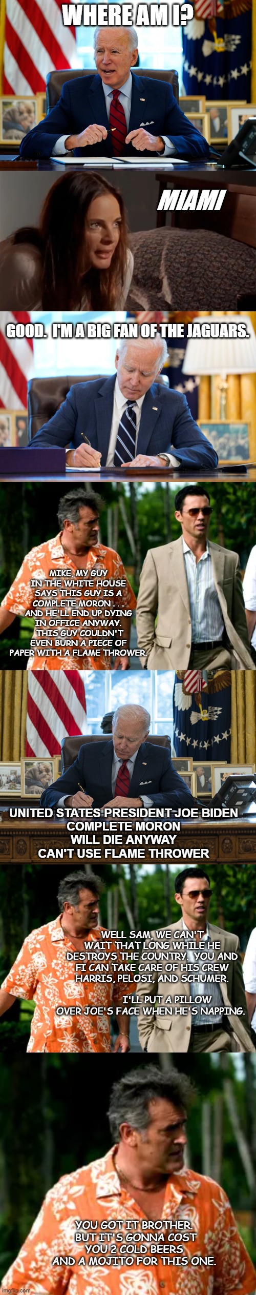 Burn Notice - Joe Biden's on Michael Weston's List! | WHERE AM I? MIAMI; GOOD.  I'M A BIG FAN OF THE JAGUARS. MIKE, MY GUY IN THE WHITE HOUSE SAYS THIS GUY IS A COMPLETE MORON . . . AND HE'LL END UP DYING IN OFFICE ANYWAY.  THIS GUY COULDN'T EVEN BURN A PIECE OF PAPER WITH A FLAME THROWER. UNITED STATES PRESIDENT JOE BIDEN
COMPLETE MORON
WILL DIE ANYWAY
CAN'T USE FLAME THROWER; WELL SAM, WE CAN'T WAIT THAT LONG WHILE HE DESTROYS THE COUNTRY.  YOU AND FI CAN TAKE CARE OF HIS CREW HARRIS, PELOSI, AND SCHUMER.                                      I'LL PUT A PILLOW OVER JOE'S FACE WHEN HE'S NAPPING. YOU GOT IT BROTHER.  BUT IT'S GONNA COST YOU 2 COLD BEERS AND A MOJITO FOR THIS ONE. | image tagged in burn notice,michael weston,joe biden,miami,democrats,mojitos | made w/ Imgflip meme maker