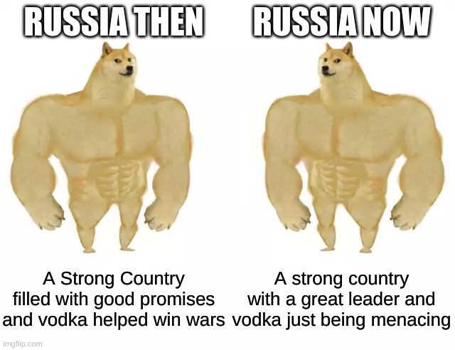 Buff Doge vs Buff Doge | RUSSIA THEN; RUSSIA NOW; A Strong Country filled with good promises and vodka helped win wars; A strong country with a great leader and vodka just being menacing | image tagged in buff doge vs buff doge | made w/ Imgflip meme maker