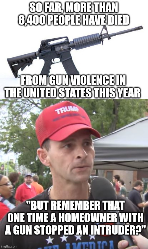 maga logic | SO FAR, MORE THAN 8,400 PEOPLE HAVE DIED; FROM GUN VIOLENCE IN THE UNITED STATES THIS YEAR; "BUT REMEMBER THAT ONE TIME A HOMEOWNER WITH A GUN STOPPED AN INTRUDER?" | image tagged in stop gun violence,trump supporter | made w/ Imgflip meme maker