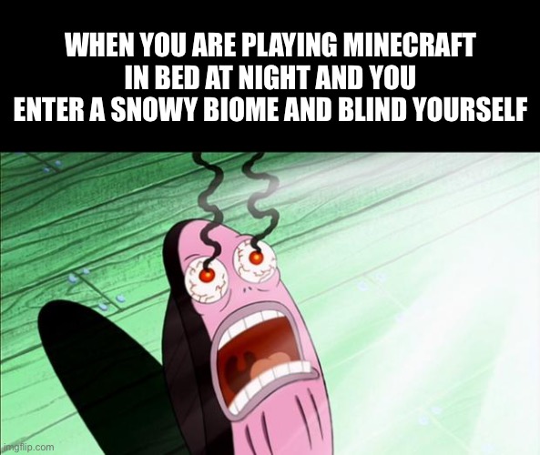 My Eyes!!! | WHEN YOU ARE PLAYING MINECRAFT IN BED AT NIGHT AND YOU ENTER A SNOWY BIOME AND BLIND YOURSELF | image tagged in relatable,spongebob my eyes,oh wow are you actually reading these tags | made w/ Imgflip meme maker