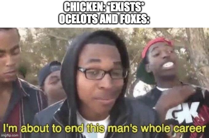 ocelots and foxes be like | CHICKEN: *EXISTS*
OCELOTS AND FOXES: | image tagged in i m about to end this man s whole career | made w/ Imgflip meme maker