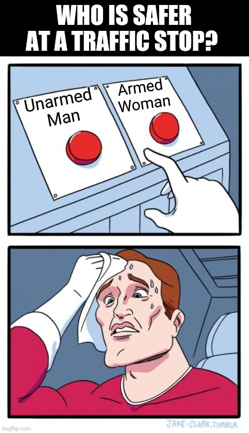 WOMAN ARE SAFER! | WHO IS SAFER AT A TRAFFIC STOP? Armed 
Woman; Unarmed 
Man | image tagged in politics,black lives matter,feminism,police pull over,traffic | made w/ Imgflip meme maker