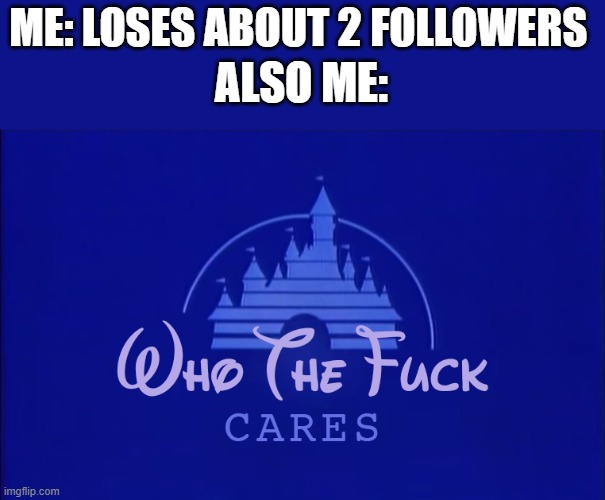Disney Who Cares | ME: LOSES ABOUT 2 FOLLOWERS; ALSO ME: | image tagged in disney who cares,no one | made w/ Imgflip meme maker